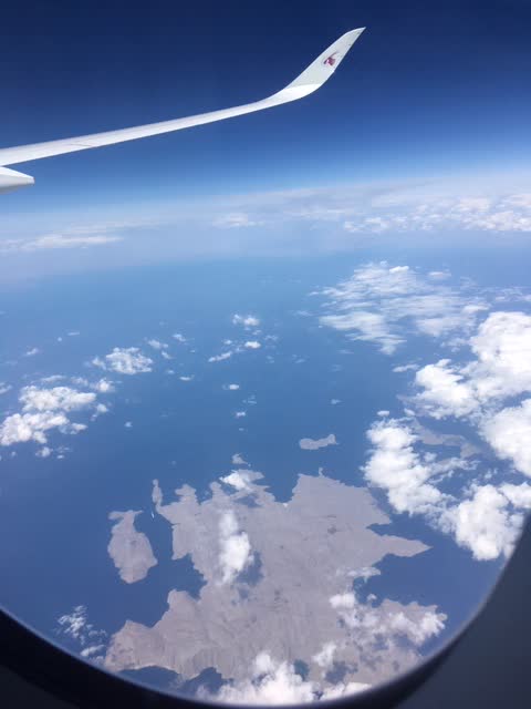 Aerial view of the Strait of Hormuz from 35,000 feet