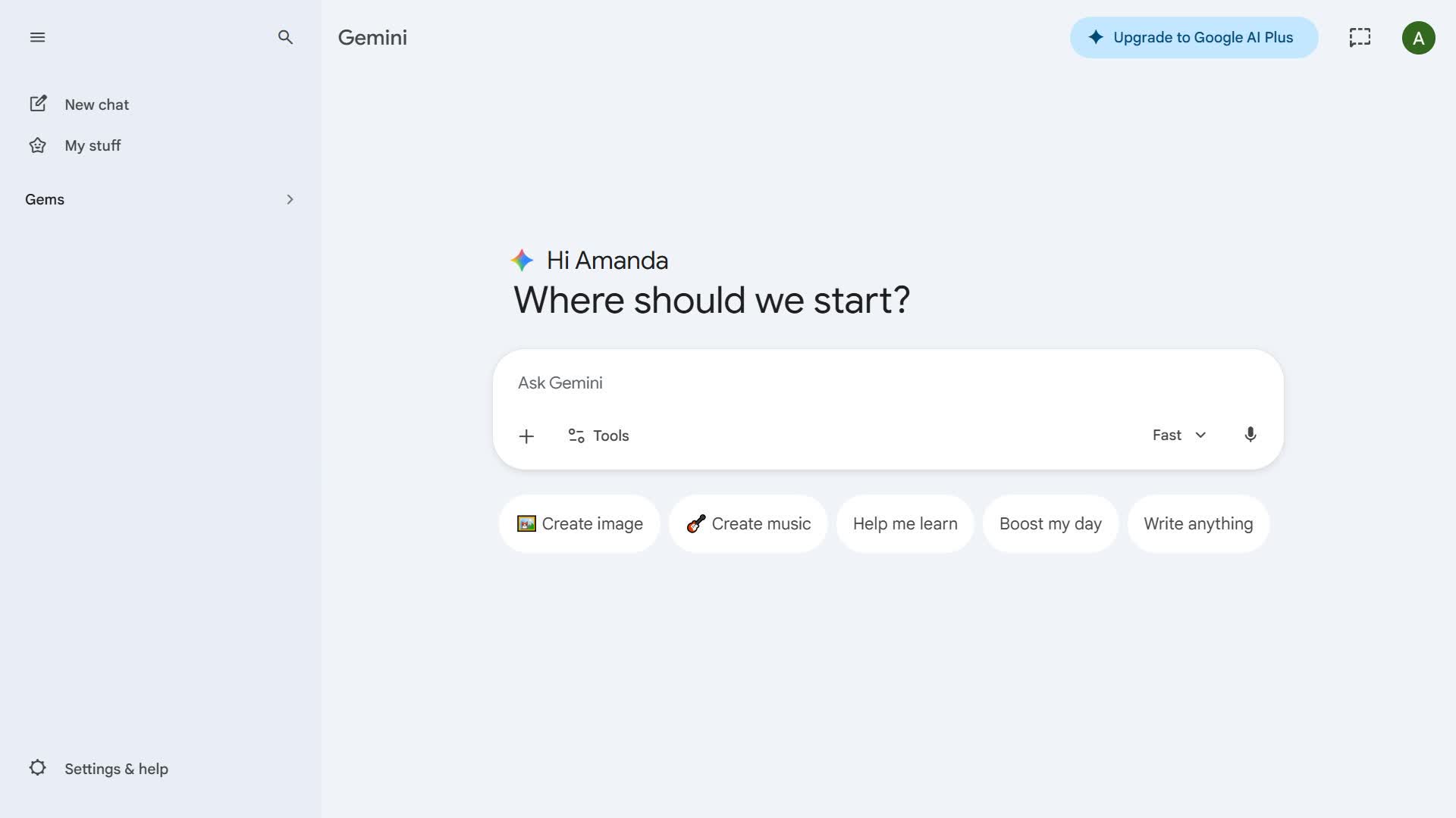 Google Gemini AI assistant interface screenshot, 2026